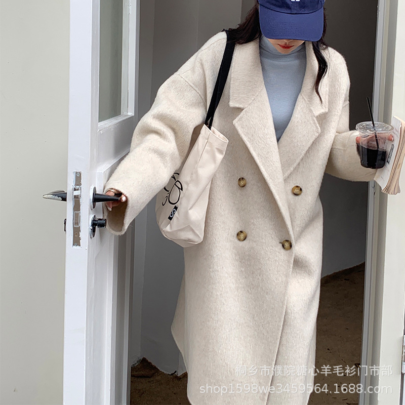 2025年新作 両面ウールコート レディース 4つボタン 韓国風 アルパカ混 ロング丈 ゆったり カジュアルジャケット 女性用
