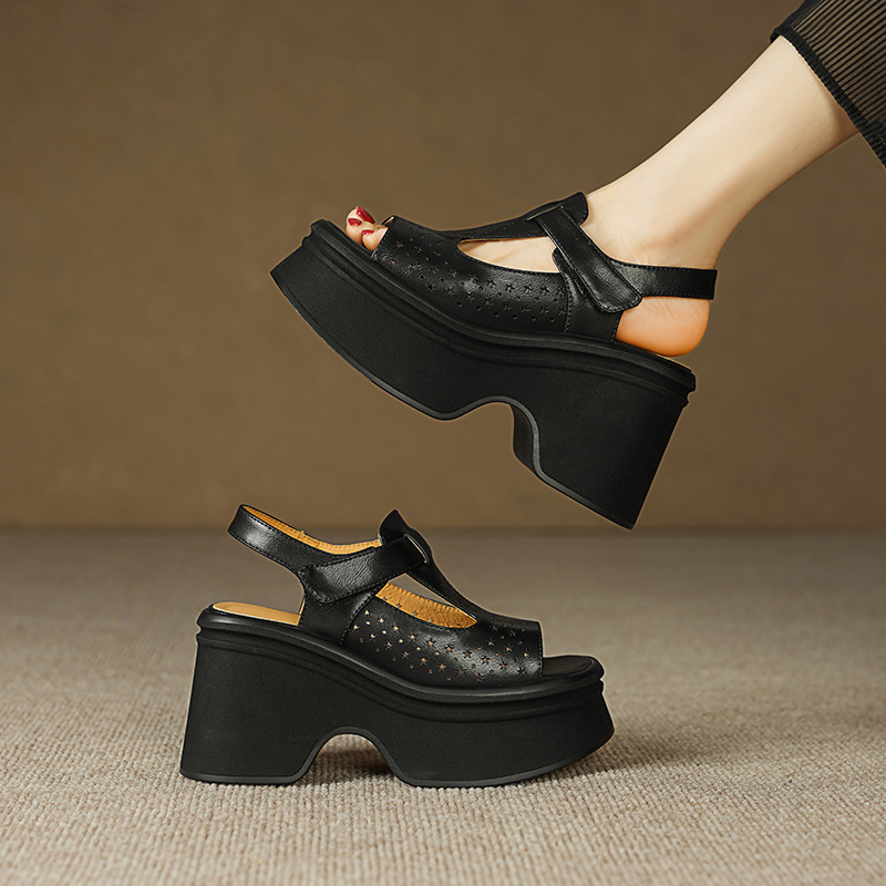 Sandal cao gót nữ đế xuồng mũi hở quai Velcro — Màu nâu, Màu đen