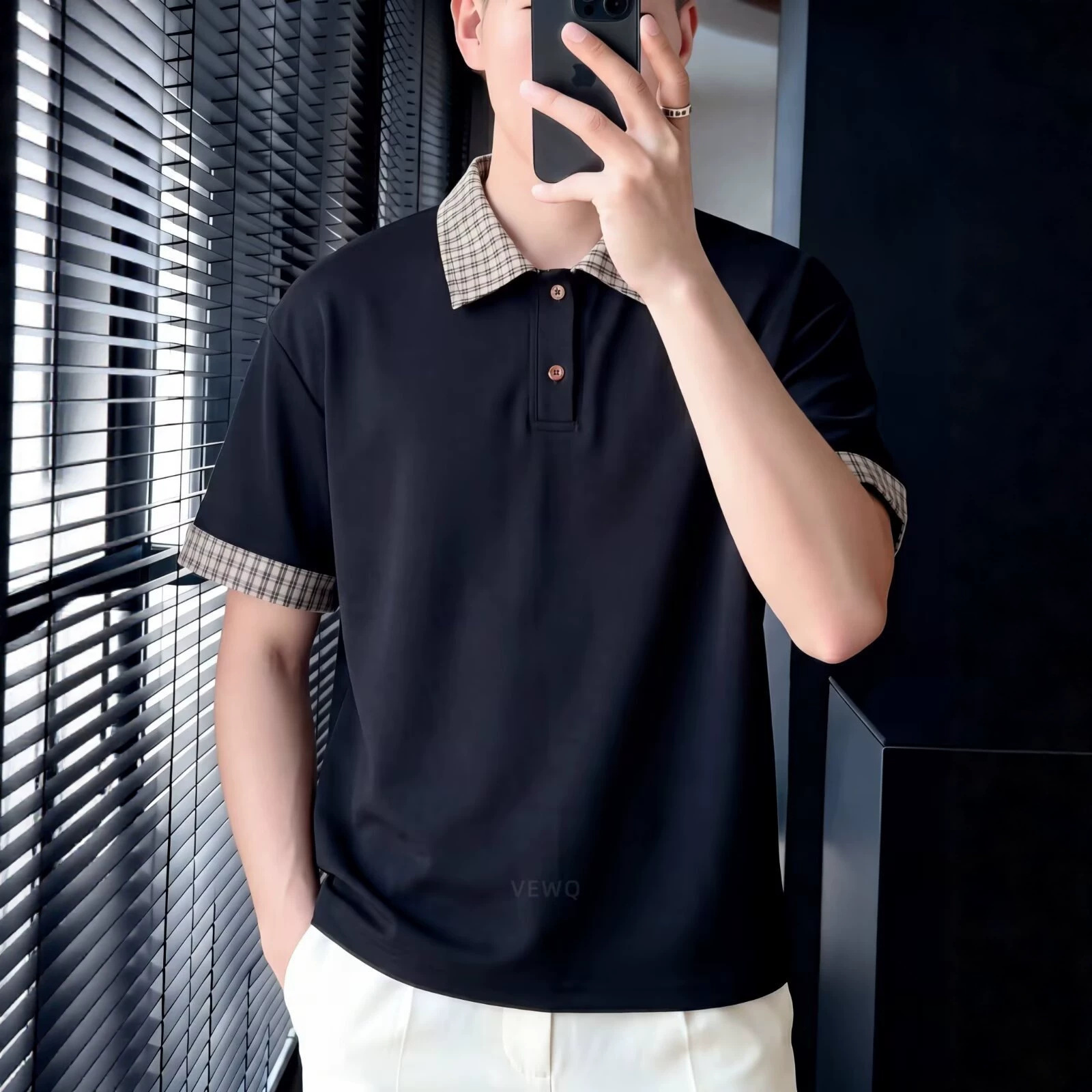 Men's Summer Plaid Patchwork Collared Polo Shirt Short Sleeved American Trendy Brand Versatile Loose Fit T-Shirt for Teenagers_viptrois.com