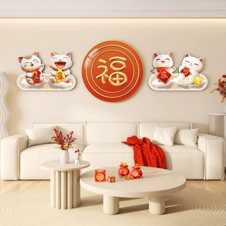 平安喜乐客厅装饰画沙发背景墙招财猫喜庆挂画高级感大气如意壁画
