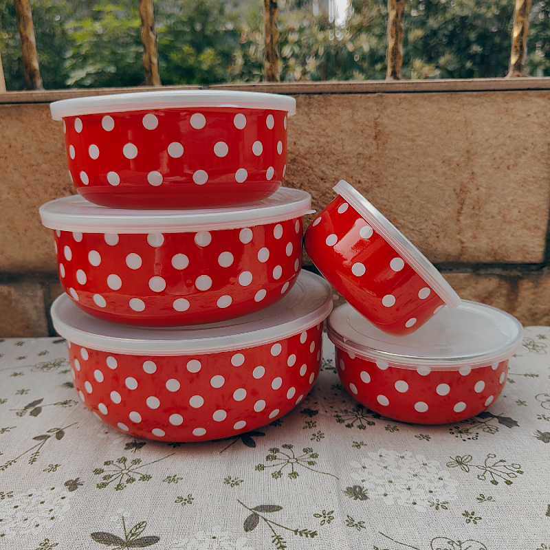 Esmalte de esmalte con tapa hogar fresco mezclado ensalada frutero refrigerador almacenamiento apilable 5 piezas tazón de arroz tazón de sopa