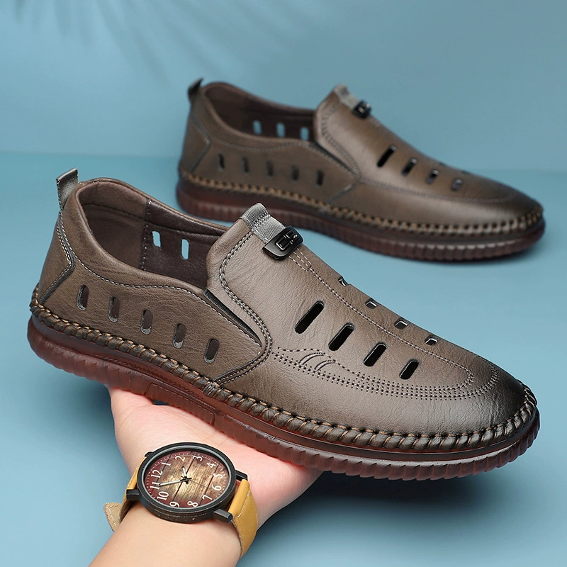 Мужские дышащие туфли из полой кожи, летние формальные туфли без шнуровки, мягкие кожаные сандалии, мужская повседневная деловая обувь, летняя обувь