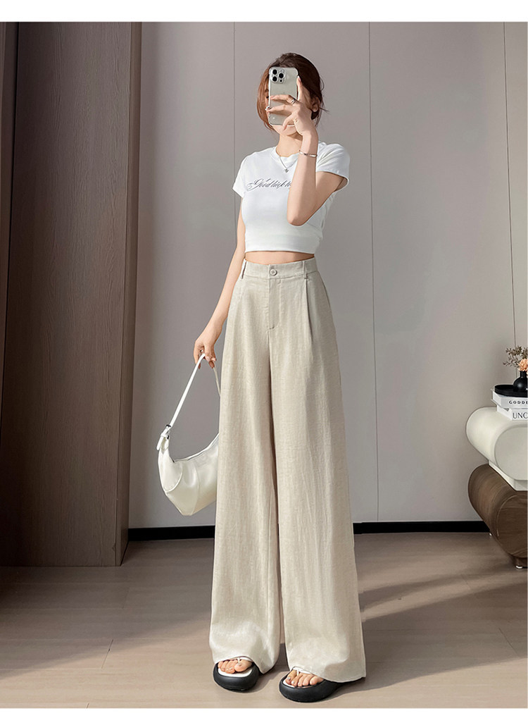 Quần culottes nữ ống rộng cạp cao vải linen phối sợi tencel, dáng suông dài chấm đất, phong cách Hàn Quốc mùa hè — Trắng Extended chi tiết 47
