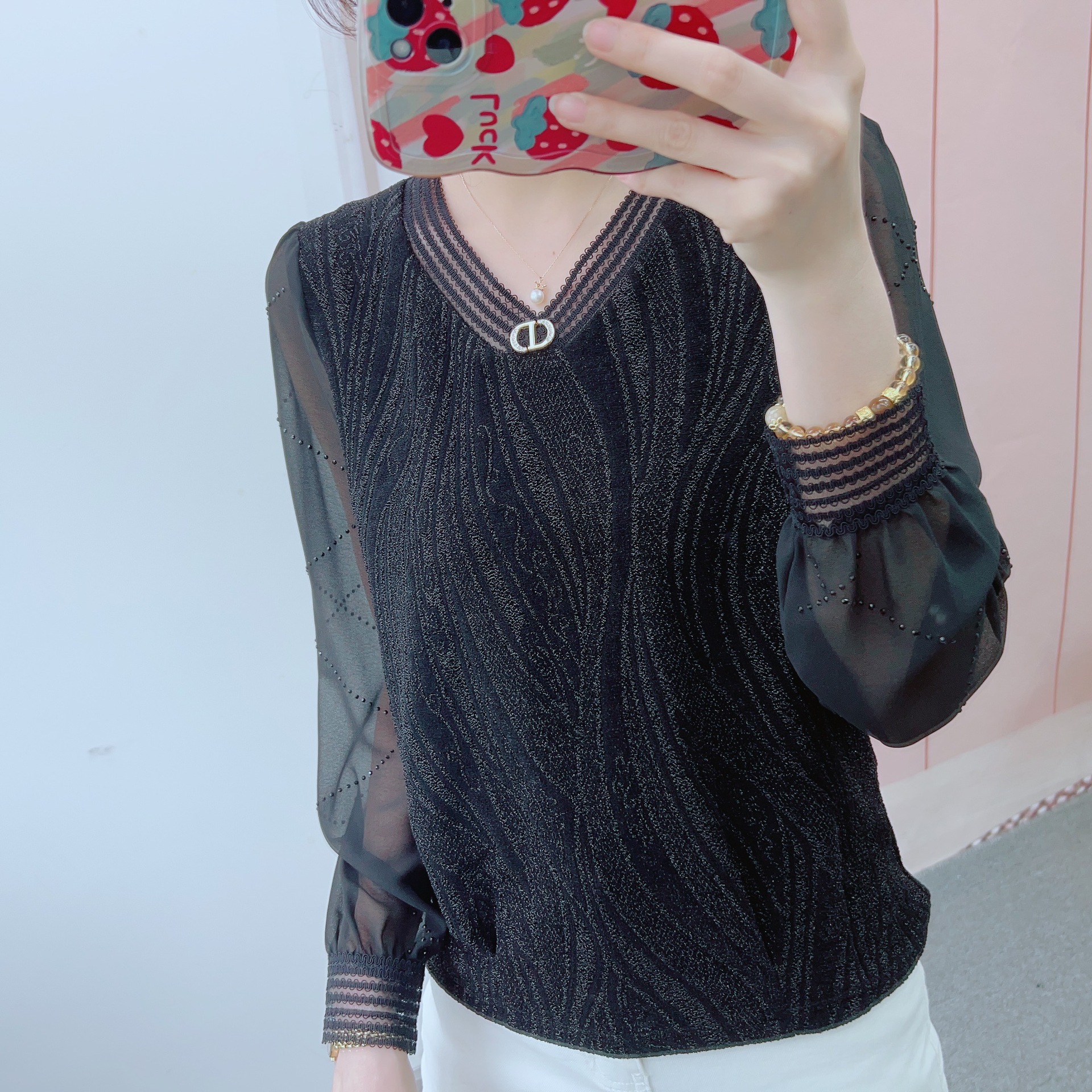Mesh Base Shirt Women's V-neck Top Long Sleeve T-Shirt Spare Clothes Spring and Autumn Western Style Small Shirt Fashionable Autumn Clothes Outer Wear Lace Shirt