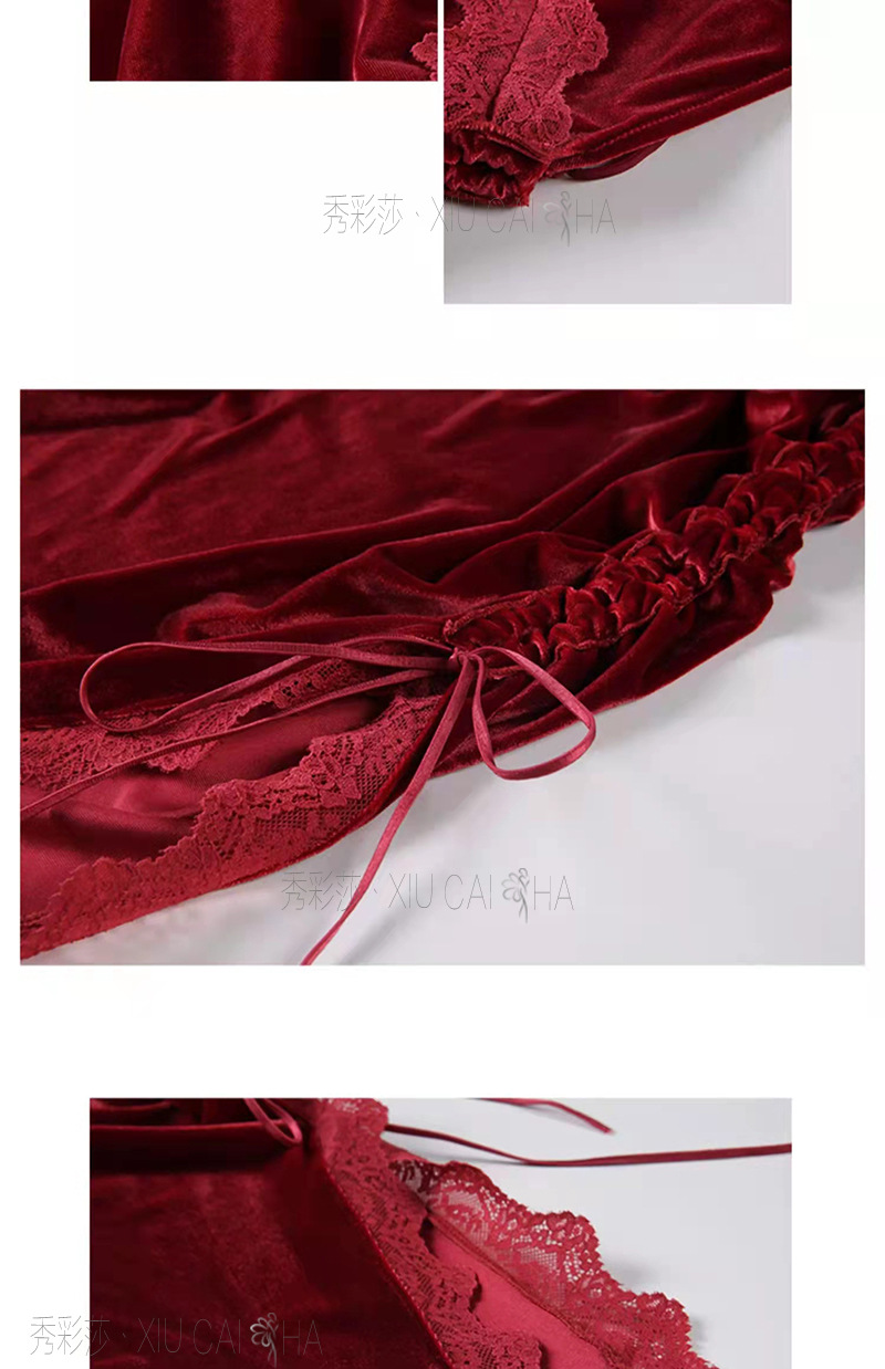 Lace Gold Velvet Babydoll Lingerie Set with Thong, Open-Bust Style, One Size — detail image 27