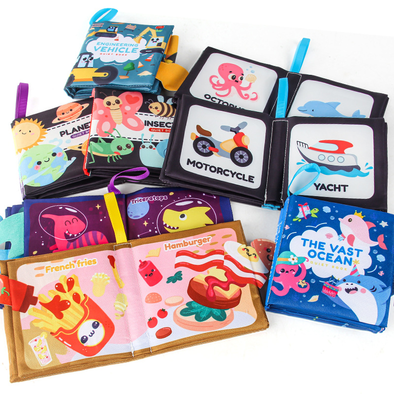 Cuatro libros de tela tridimensionales transfronterizos para bebés juguetes de educación temprana 4 caras 8 páginas en inglés libros de palma de alimentos y cognición animal libros de tela para bebés