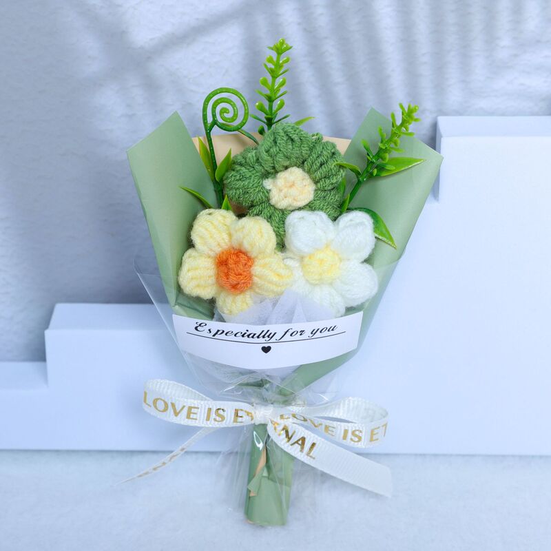 ニット糸のパフブーケ、造花、シミュレーションフラワー、ひまわり、多用途ギフト、ミニブーケ|undefined