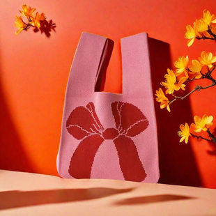 Knitted organizer bag, handheld one-shoulder bag with bow