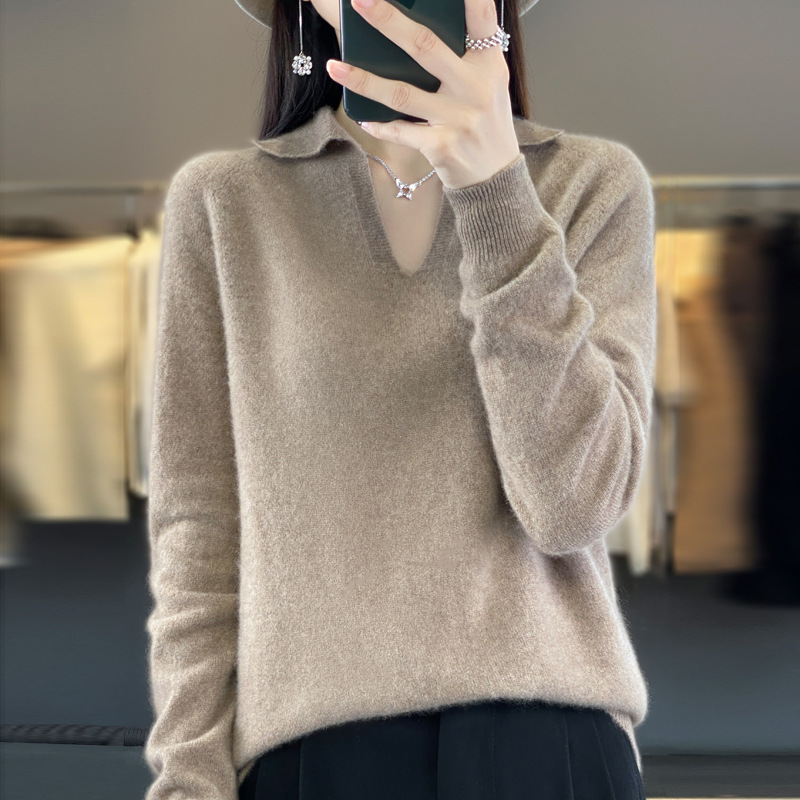 第一線の成衣シームレス純ウール秋冬新女子ショートpolo v襟純色ゆるいニットセーター|undefined