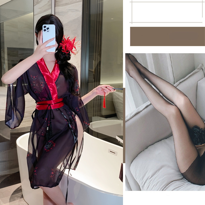 블랙[기모노+벨트+로프]+블랙 오픈삭스