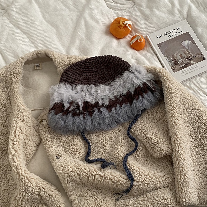 커피 - 컬러 블록 토끼 모피