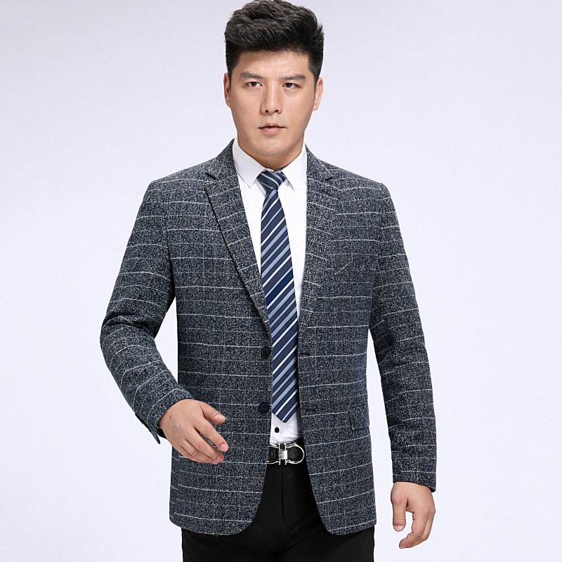 轻奢高端春秋款男士西服中青年羊毛单西商务灰格子西装毛呢男外套