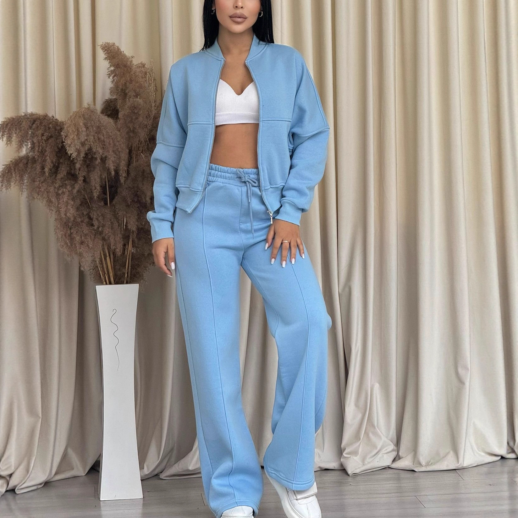 Trendy Casual Lounge Set – Zip-Up Hoodie & Matching Jogger Pants (Pink, Blue, Grey, S-5XL)_voghion.com