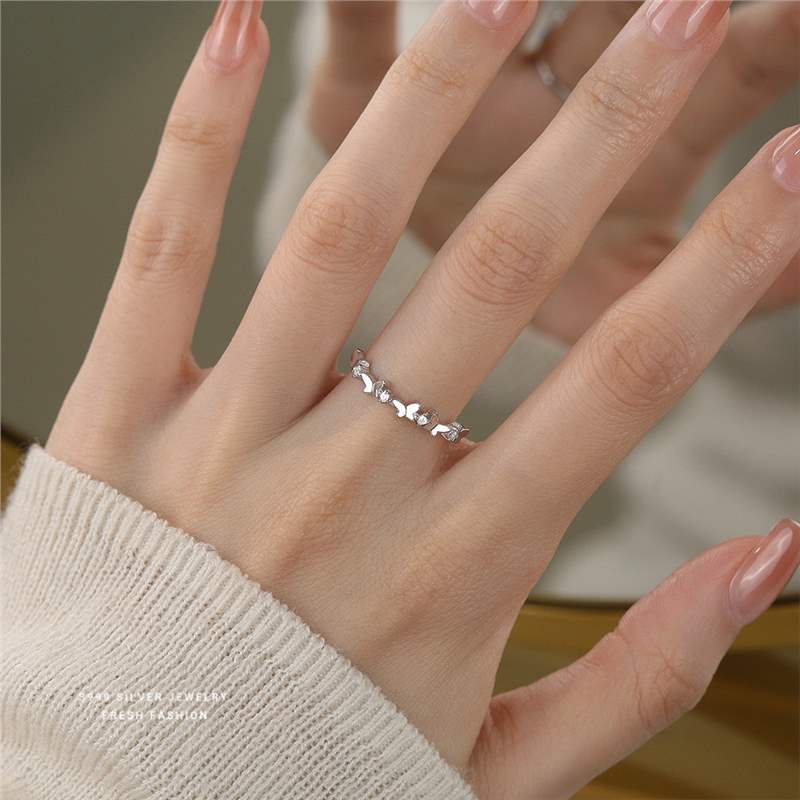 Waldschmetterlingsring für Damen, 999 reines Silber, High-End vielseitig, klein und frisch, verstellbar, Fuß Silber funkelnd_voghion.com