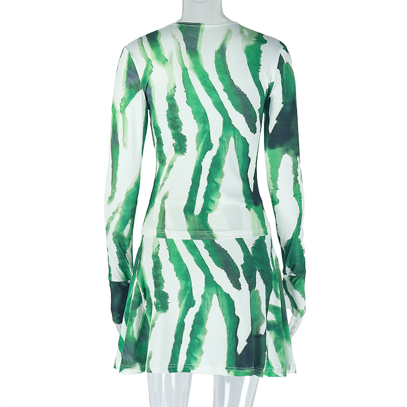 Micro Transparent High Collar Skirt Set Printed Loose Waist Wrap Two Piece Set Fresh Trendy Women Clothing