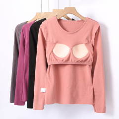 Thermal underwear with breast pads for women, no need to wear bra, cup bra, winter double-sided velvet brushed plus velvet autumn coat long-sleeved top