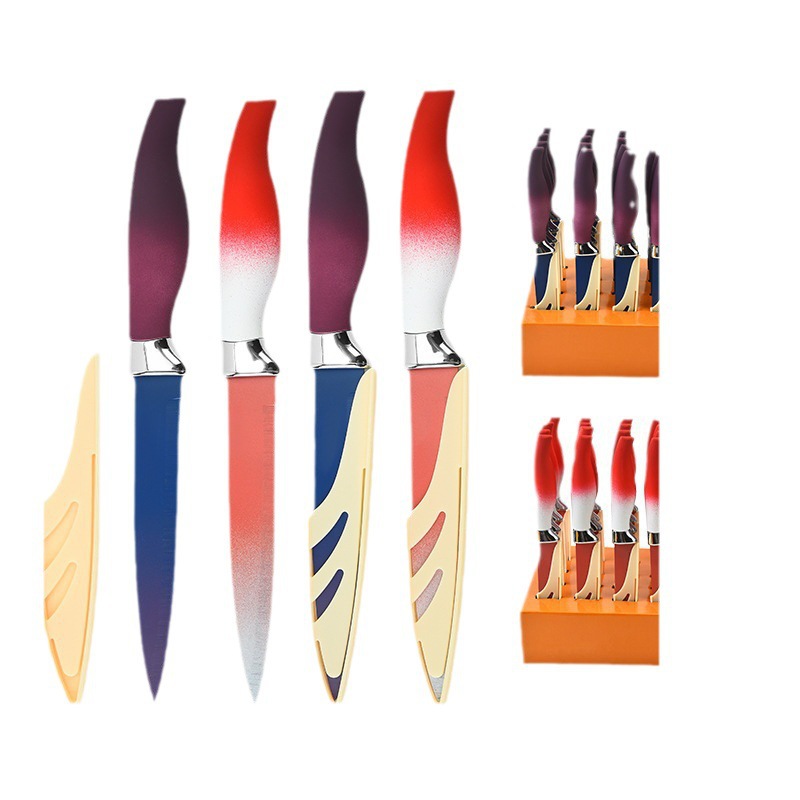 Fábrica de cuchillos de pulverización de acero inoxidable gran mango de abdomen color gradiente cuchillo universal cuchillo transfronterizo venta caliente conjunto de cubierta de cuchillo