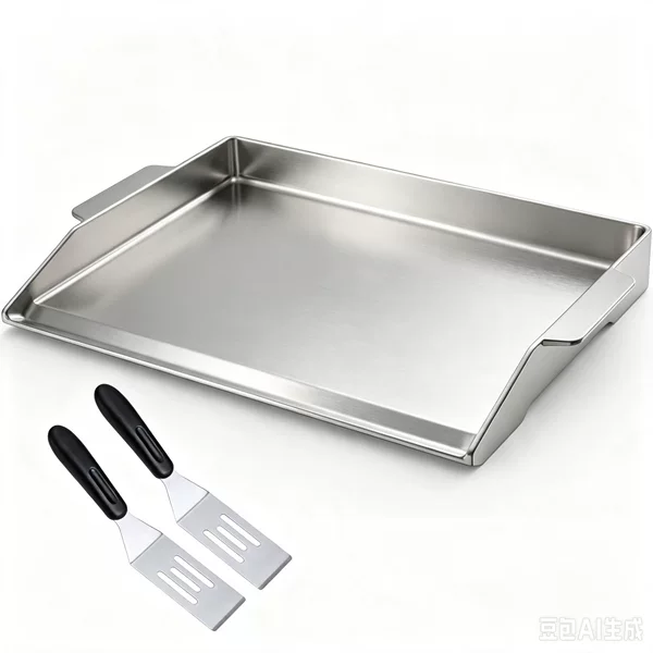 Cross-border stainless steel rectangular grill pan with a flat bottom and high sides, an outdoor BBQ accessory for grilling meat, comes with a double spatula