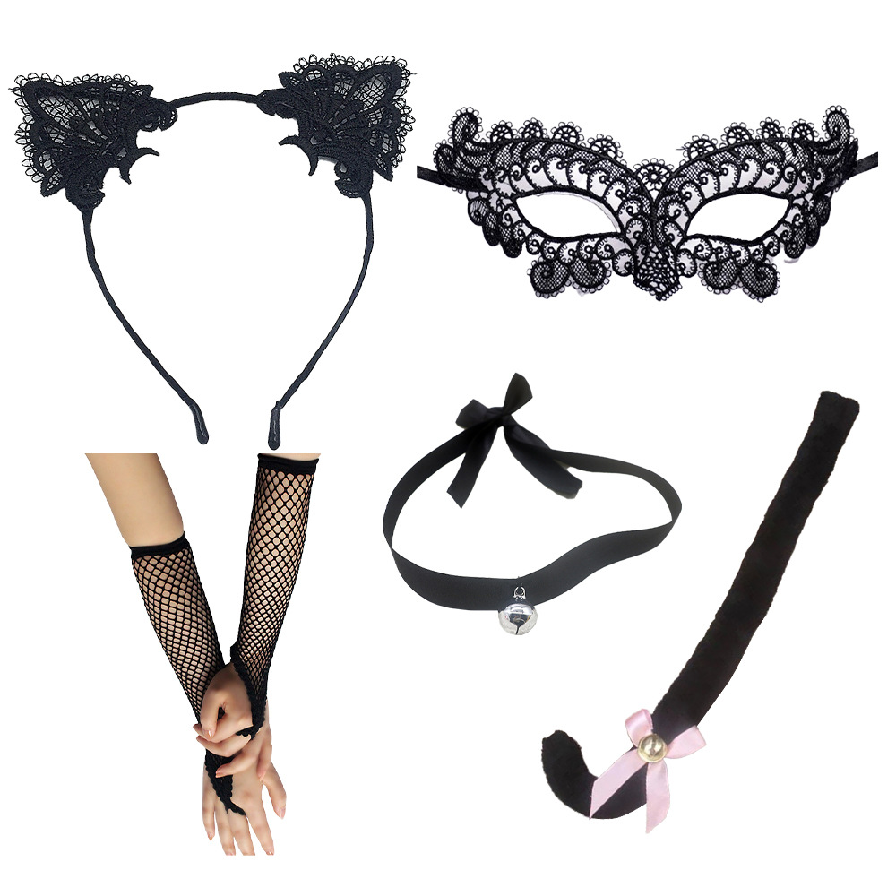 Disfraz de princesa gato para Halloween, diadema con orejas de gato, máscara de ojos de encaje negro, máscara facial.