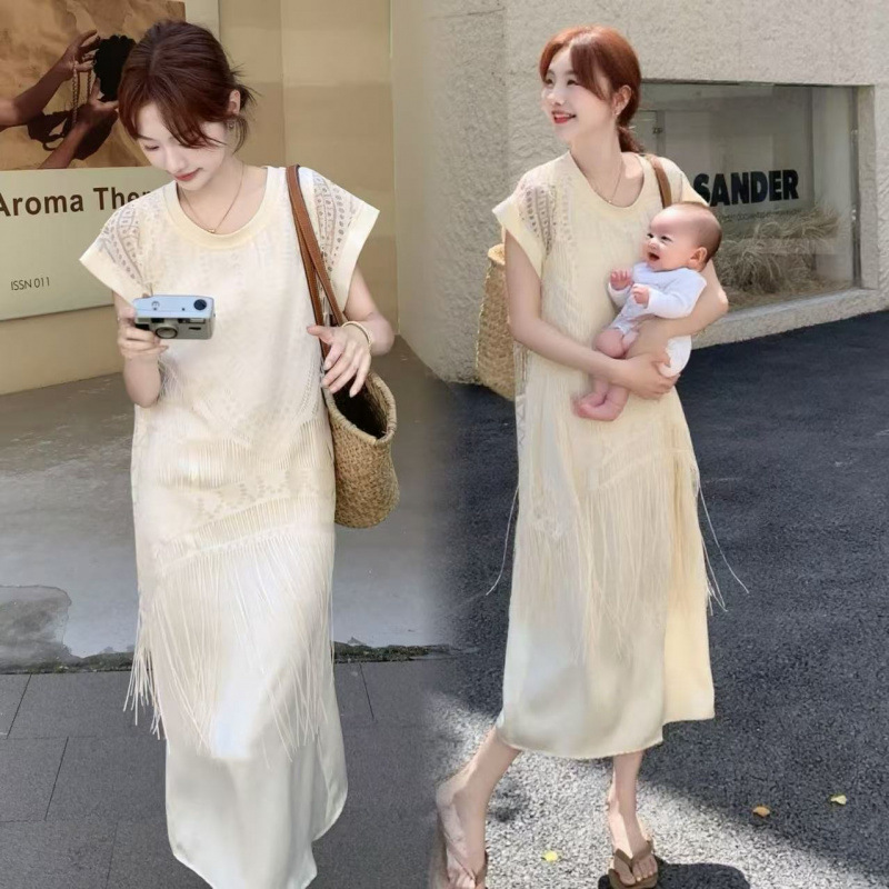 夏季哺乳衣外出辣妈款产后喂奶甜美流苏镂空罩衫假两件哺乳连衣裙|undefined