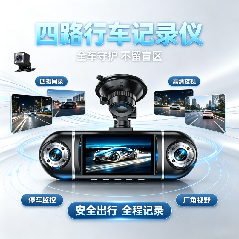 Cross-border best-selling dashcam with four cameras, WiFi mobile phone connectivity, 4-lens car recorder, and reverse camera
