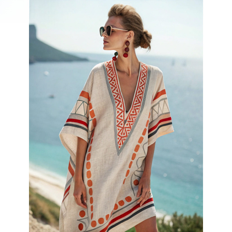 New Style Women's Super Fairy Collar Dress Seaside Vacation Beach Dress Printed Loose Mid-Length Dress New Style Women's Super Fairy Collar Dress Seaside Vacation Beach Dress Printed Loose Mid-Length Dress