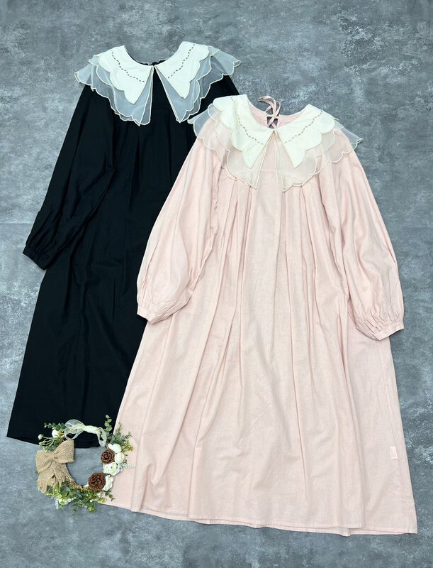 Mori style artistic pure cotton lace doll collar dress gentle style autumn senior princess dress women's plus size long dress