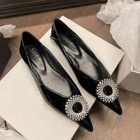2873-K62 Wind Banquet Flat Heel Women's Shoes Shallow Mouth Pointed Lacquer Leather Water Diamond Buckle Single Shoes Women's Spring and Autumn Flat Shoes