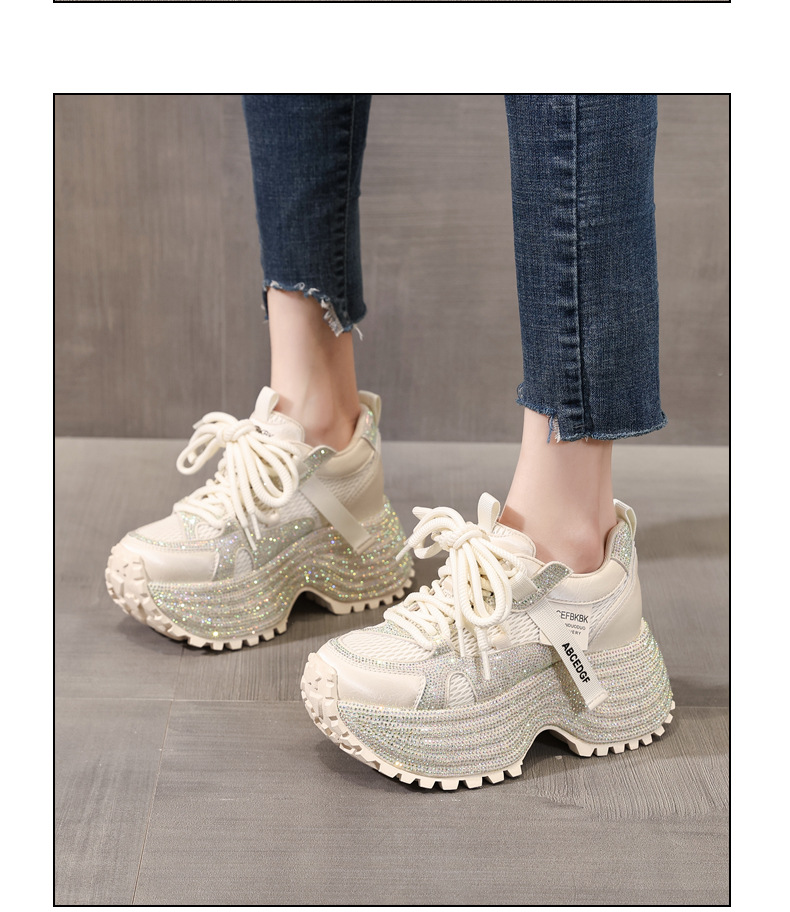 Giày sneaker nữ đế dày tăng chiều cao phối đá lấp lánh lưới thoáng khí — màu be chi tiết 13