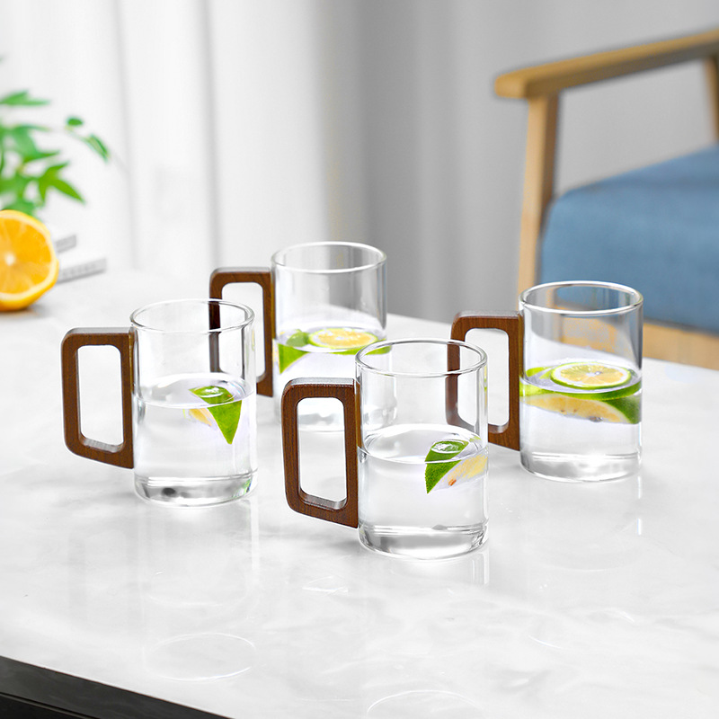 Taza de té de vidrio con mango de madera transfronterizo, resistente a altas temperaturas, juego de tazas para sala de estar, juego de tazas de agua para el hogar, hervidor de agua para hospitalidad.