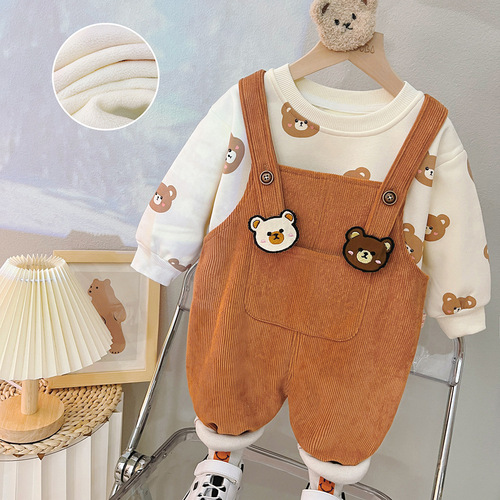 Boys' and Girls' Autumn and Winter Set  New Arrival Cute Baby Fleece Overalls Two-Piece Set for Toddlers 2457