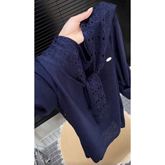 韩系设计感藏蓝色长袖圆领毛针织衫女秋季新款宽松独特好看上衣潮