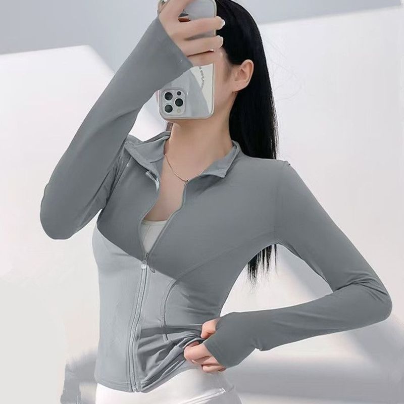 Stand-up collar ice silk quick-dry short yoga top for women, summer thin style, suitable for outdoor cycling and running, UV protection, thick fabric
