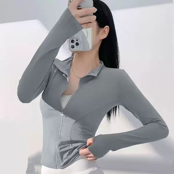 Stand-up collar ice silk quick-dry short yoga top for women, summer thin style, suitable for outdoor cycling and running, UV protection, thick fabric