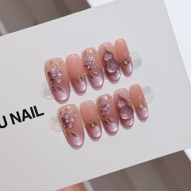 【Purple Gold Gourd】Gourd Purple Flower Cat Eye Fashionable Light Luxury Handmade Wearable Nails Removable Nail Stickers