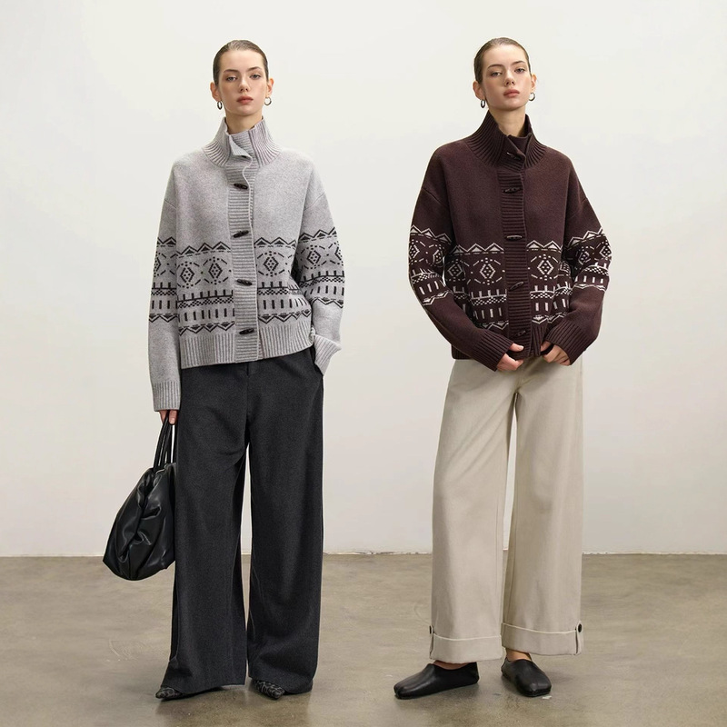 100% Sheep Wool~High-Weight Vintage Old Money Style Fair Isle Sesame Dot Jacquard High-Neck Buttoned Loose Sweater