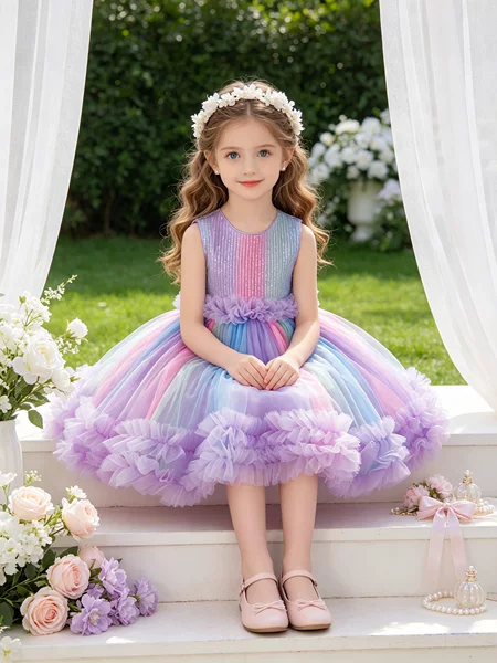 Girls' Super Fairy Rainbow Dress, Rainbow Gradient Princess Dress, Kidsren's Festival Performance Costume, Girl's Puffy Mesh Dress