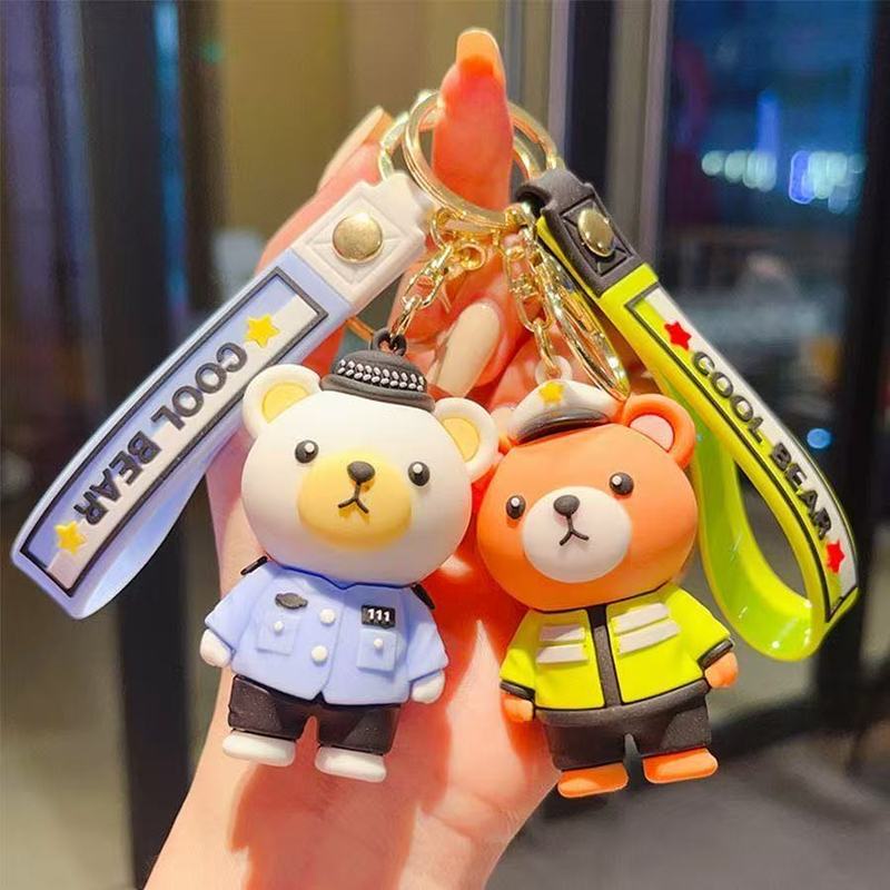 漫画かわいい警察クマキーホルダー人形キーチェーンカップル車のキーペンダントスクールバッグペンダントギフト|undefined