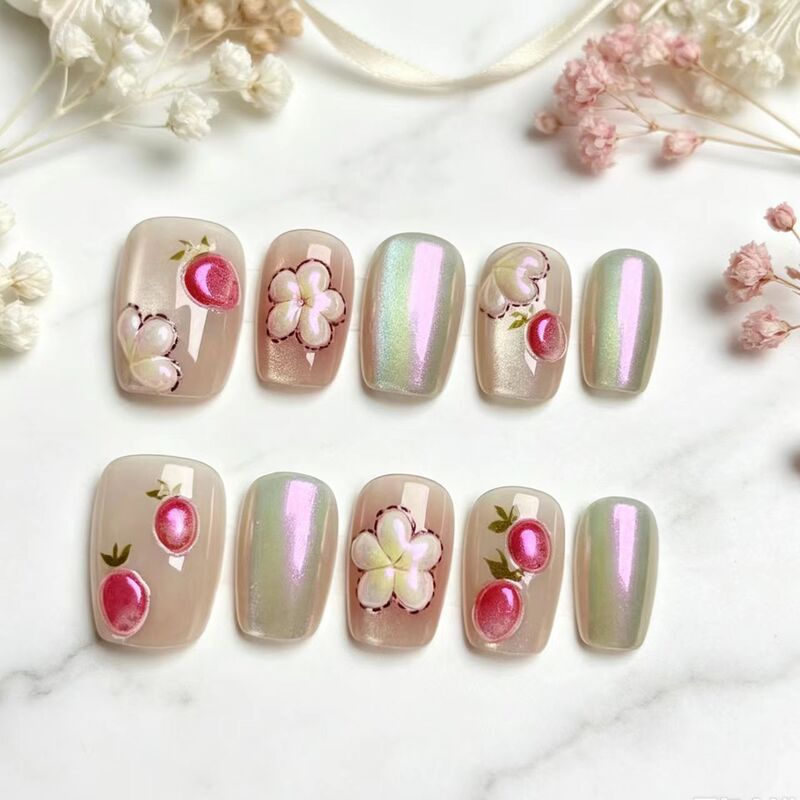 Cross-border strawberry flower cat-eye wearable short nails, fresh and elegant, high-end, brightening, detachable, available in various sizes, wholesale nail tips Cross-border strawberry flower cat-eye wearable short nails, fresh and elegant, high-end, brightening, detachable, available in various sizes, wholesale nail tips