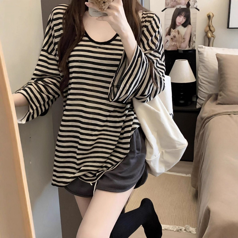 Lazy Style Stripesd Round Neck Sun Protection Long-Sleeved T-Shirt Women's Summer Thin Oversize Loose Slim Blouse Top