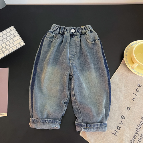 2024 Autumn Boys Light Blue Versatile Jeans Fashionable Gradient Color Autumn Trousers for Small and Medium-sized Children
