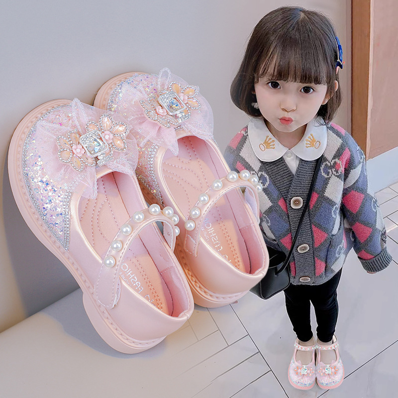 Zapatos de cuero para niñas princesa de niños zapatos de cristal primavera y otoño 2025 nuevos zapatos casuales de diamante suave zapatos de chicas