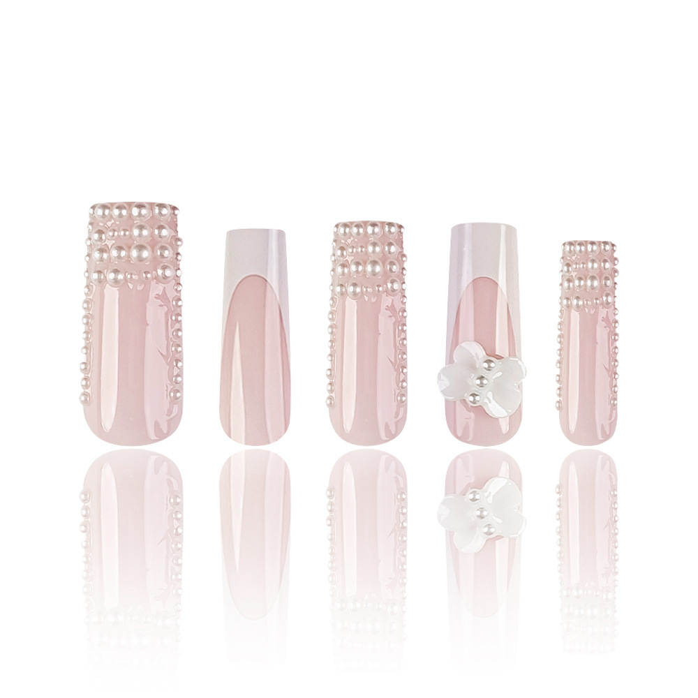Uñas postizas transfronterizas, uñas usables, semicírculo, perla, lazo largo, manicura, uñas al por mayor, uñas a presión