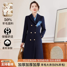 工装呢子外套女中长款加厚羊毛毛呢大衣蓝色外套冬装羊绒大衣冬季