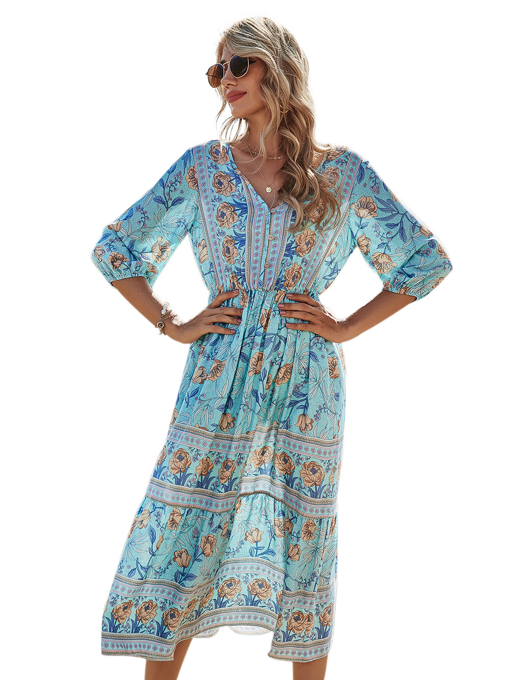 V-neck High Waist Bohemian Dress NSDF23858