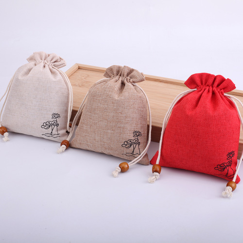Factory direct supply of linen bundle bags, Wenwan Buddha beads bracelet jewelry packaging bags, lotus linen bags with customized LOGO