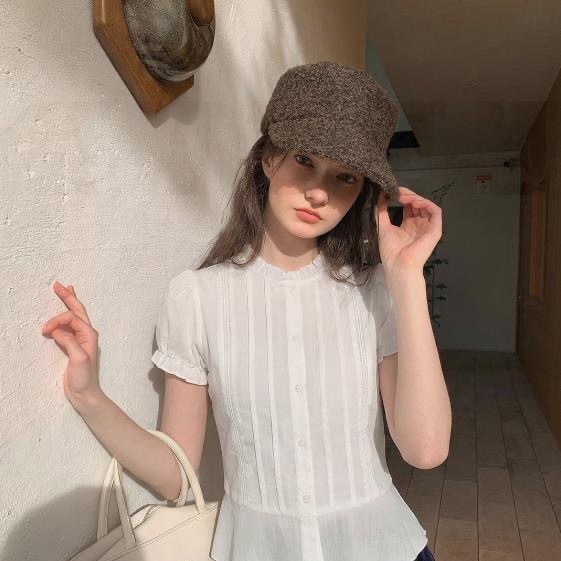 DY8182026白色圆领花边短袖衬衫女夏季收腰显瘦百搭小个子上衣ins