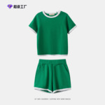 宋氏kids儿童绿色坑条棉家居服套装25年夏季男宝宝可爱休闲两件套