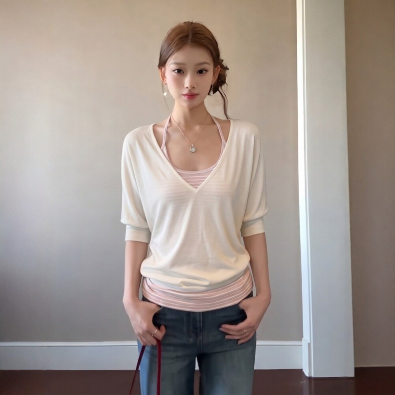 [260g Rayon Modal] V-Neck Mid-Sleeve T-Shirt for Women, Summer Cover-Up, Striped Camisole Top, Two-Piece Set, Trendy