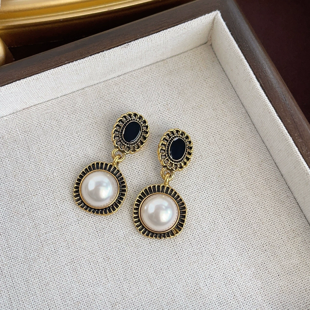 Retro Pearl Earrings, 925 Silver Posts, Light Luxury Vintage Geometric Style